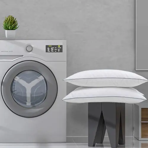 iFaon Ultra Thin Flat Soft Bed Pillows Standard Size Set of 2 Pack for Sleeping, Hypoallergenic Squishy Pillow for Stomach Back Sleeper, Machine Washable White Striped 20x26 inches 6