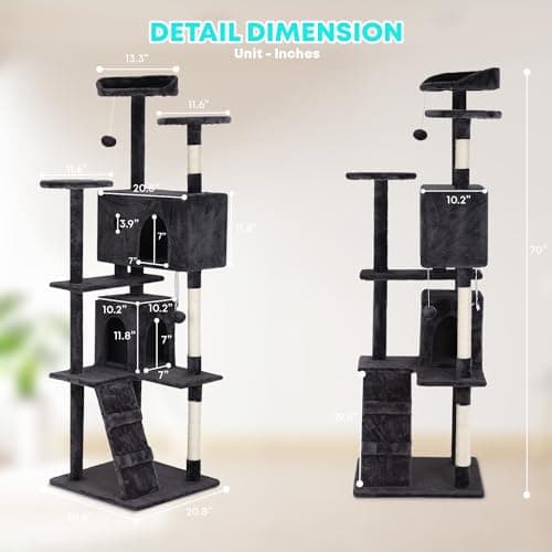 FDW | 70" Cat Tree Tower | Dark Gray | Multi-Level Indoor Activity Center with Sisal Scratching Posts, Condos, Plush Perches, Hanging Cat Toys | Sturdy, Easy to Assemble | for Kittens & Adult Cats 7