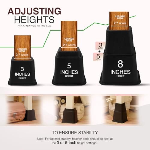 Utopia Bedding Bed Riser, 3 & 5 Inches Adjustable Furniture Risers for 8 Inch Combined Furniture Lift, Under Bed Storage & Dorm Room Essential, Supports Up to 1,300 lbs (4 Set, Black) 8