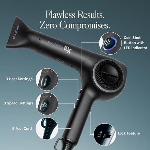 Bio Ionic 10X Ultralight Speed Hair Dryer, Blow Dryer with Adjustable Heat & Speed, Memory Function, Professional Hair Styling Tool for Fast, Frizz-Free Hairstyles, Black 5