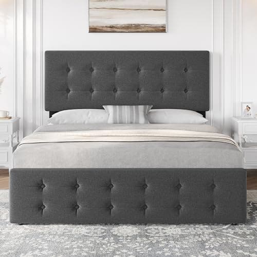IDEALHOUSE Full Size Bed Frame with 4 Storage Drawers and Adjustable Headboard, Upholstered Mattress Foundation with Skin-Frienly Linen, No Box Spring Needed, Dark Grey (Full) 9