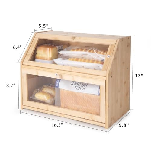 LEIMO KPARTS Bread Storage Farmhouse Bread Box For Kitchen Countertop,Double Layer Bamboo Wooden BreadBox Large Capacity Bin Bread Holder For Kitchen Counter Bread Container With Clear Window 7