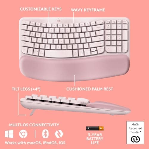 Logitech Wave Keys Wireless Ergonomic Keyboard with Cushioned Palm Rest, Comfortable Natural Typing, Easy-Switch, Bluetooth, Logi Bolt Receiver, for Multi-OS, Windows/Mac - Rose 6