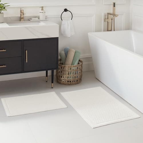 Arkwright 100% Cotton Bathroom Rug - High Absorbent Stylish Textured Woven Design Bath Mat, Slip Resistant Backing for Shower and Bathtub Floor, 20x32 in - White 2