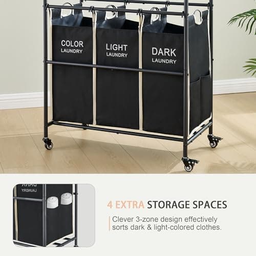 Gewudraw Laundry Sorter 3 Section,Laundry Hamper Cart with Hanging Rack & Removable Bags,Heavy Duty Laundry Basket with Wheels & 2 Tier Shelf,Space-Saving Laundry Basket Organizer for Laundry Room 5