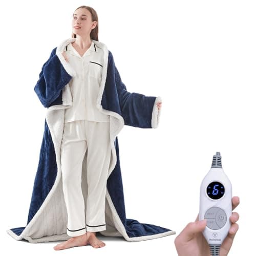 Westinghouse Electric Snuggle Throw Blankets with Foot Pocket, Wearable Heated Blanket with Sleeves, 6 Heating Levels & 2 to 10 Hours Heating Time Settings, 50 * 70"+18", Navy