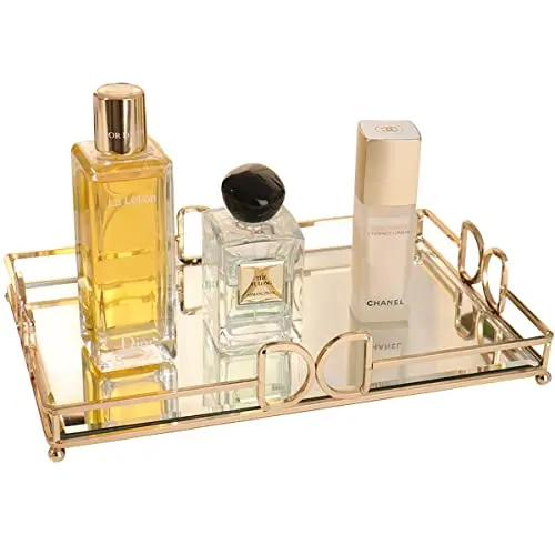 HAIGOUER Gold Mirror Tray: Elegant Makeup/Vanity Tray, Luxury Rust-Proof Glass for Bathroom & Bedroom