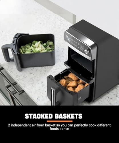 12QT Dual Layer Air Fryer Oven, 6QT×2 Capacity, Vertical 2-Basket Design, 7-in-1 Function with Broil, Roast, Bake, Reheat, Dehydrate, and Air Fry, Family Size, BPA-Free 7