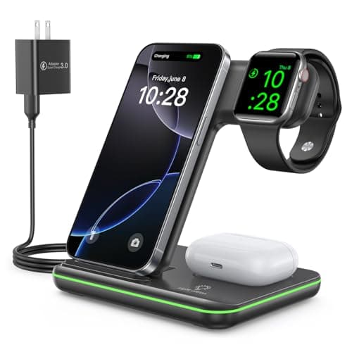 WAITIEE Wireless Charger 3 in 1, 15W Fast Charging Station for Apple Watch 10/9/8/Ultra 2/Ultra/SE/7/6/5/4/3/2, for AirPods 4/3/2/Pro for iPhone 16/15/14/13 /Plus/Pro/Pro Max/12/11(Black)