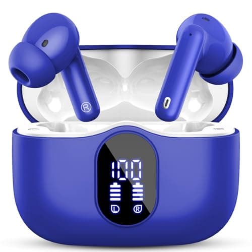 Wireless Earbuds, Bluetooth 5.4 Headphones Bass Stereo, Ear Buds with Noise Cancelling Mic, LED Display in Ear Earphones Clear Calls, IP7 Waterproof Bluetooth Earbuds for Laptop/Phones/Sports, Blue