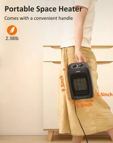 shinic Space Heater for Indoor Use, 1500W/900W Ceramic Space Heater, 1s Fast Heat, Overheat and Tipover Protection, Portable Electric Heater, Quiet Office Small Room Desk Heater, Black 8