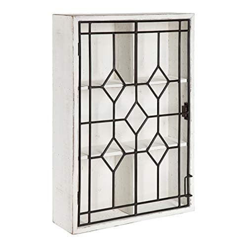 Kate and Laurel Megara Decorative Wooden Wall Hanging Curio Cabinet for Open Storage with Decorative Black Iron Door, Whitewash Finish