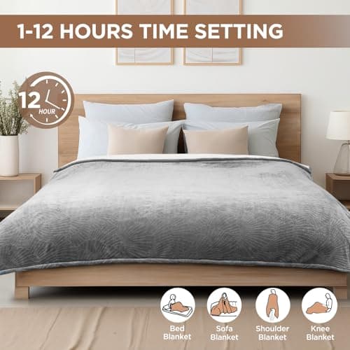 Westinghouse Electric Blanket King, Flower Jacquard Heated Blanket King Size with 10 Heating Levels and 1-12 Hours Auto-Off, Flannel to Sherpa Reversible, Machine Washable, 90" x 100" Inch, Grey 6