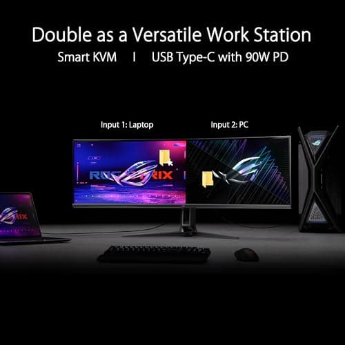 ASUS ROG Swift 49” Curved QD-OLED Gaming Monitor (PG49WCD) - Dual QHD 32:9 (5120x1440), 144Hz, 0.03ms, G-SYNC Compatible, Smart-KVM, 90W USB-C PD 6