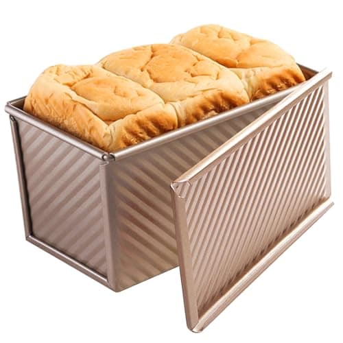 Cayanmydery Pullman Loaf Pan with Lid, Non-Stick Bakeware Golden Corrugated Carbon Steel Bread Toast Box Mold with Cover for Baking Bread, 1 lb Dough Capacity