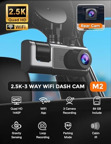 Galphi 3 Channel WiFi Dash Cam Front and Rear Inside with 64GB SD Card, 2.5K+1080P+1080P Car Dash Camera for Cars Front and Rear, Dashcam with G-Sensor, Loop Recording, 24H Parking Mode, Support 512GB 8