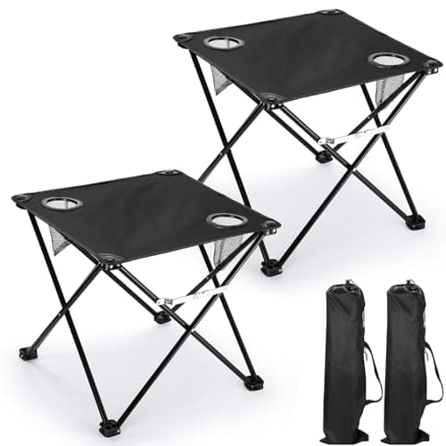 Vesici 2 Pcs Foldable Camping Table with 2 Cup Holders and Carrying Bag Steel Frame Lightweight Beach Table Oxford Portable Outdoor Folding Table for Outdoor Indoor Grill BBQ Picnic Fishing, Black