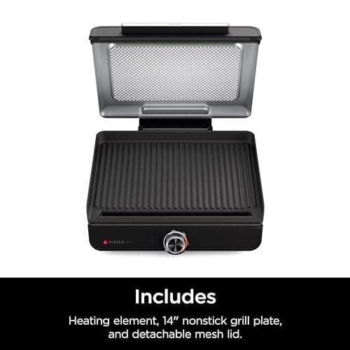 Ninja GR100 Sizzle Smokeless Indoor Grill with Nonstick Grill Plate, Dishwasher-Safe Removable Mesh Lid, 500F Max Heat, Even Edge-to-Edge Cooking, Black (Renewed) 8