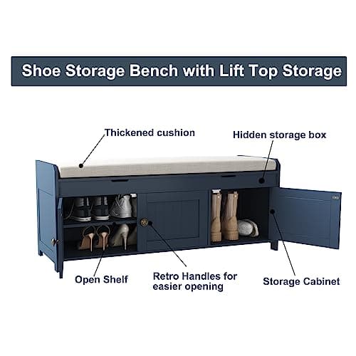 HOMEFORT 41.3" Shoe Bench with Lift Top Storage, Entryway Bench with Cushioned Seat, Wooden End of Bed Bench, Shoe Cabinet Bench with Hidden Storage Space, for Bedroom, Hallway,Blue 6