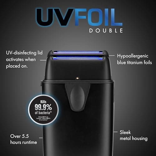 BaBylissPRO UVFOIL UV-Disinfecting Metal Double Foil Shaver, UV-Disinfecting Lid, Lithium-Ion Battery with Over 5.5-Hour Runtime, Black 5