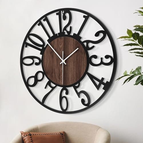 LEIKE Large Wall Clocks,Silent,Non Ticking,Battery Operated Rustic Round Modern Big Wood Wall Clock for Living Room, Bedroom,Kitchen,Farmhouse,Office,Home Decor-16 Inch(Black-Arabic Number) 5