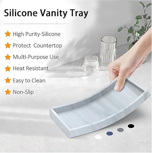 DTCSWACN Bathroom Vanity Tray, 8 x 4 Inch Silicone Kitchen Sink Tray for Soap Dispenser Bathroom Countertop Tray Holder for Perfume Soap Towel Bathroom Trays, Mini, White Marble 6