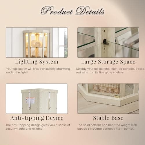 CKEASEAN Corner Curio Cabinet, 70" H Lighted Glass Display Cage with Tempered Glass Doors and 5 Adjustable Shelves, Light Bulb Inclued, Wine Bar China Cabinet for Living Room (White) 5