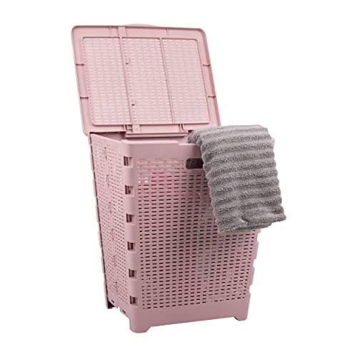 Mind Reader 61L Foldable Laundry Hamper, Clothes Basket, Lid, Wicker Design, Plastic, 18"L x 14.5"W x 21.25"H, Pink