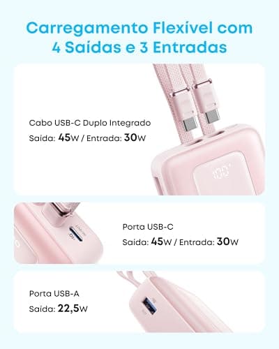 Anker Power Bank, 20,000mAh 30W Max Fast Portable Charger with Built-in USB-C and MFi Certified Lightning Cables, USB-C&A, Battery Pack for iPhone 17/16/15/14 Series, MacBook, Galaxy 6