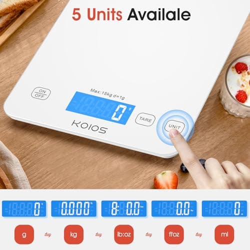 KOIOS Kitchen Scale, 33lb/15kg Digital Food Scales Weight in Grams and Ounces for Cooking Baking, 1g/0.1oz Precise Graduation, Batteries and Type-C Charging, Tare Function, LCD Display, White 5