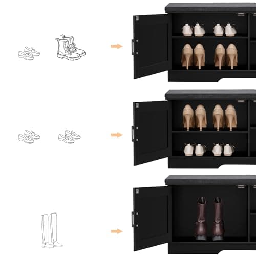 HOMSHO 2-Tier Storage Bench, 39.4" Wide Shoe Bench with Padded Seat Cushion, Entryway Bench with 2 Barn Doors and Adjustable Shelf, Black 6