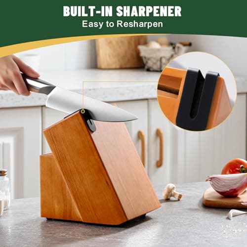 Knife Set, EWFEN 14-Piece Kitchen Knife Set with Block, German Stainless Steel Knives with Built-in Knife Sharpener, Anti-Slip Sharp Knives Set for Kitchen, Dishwasher Safe, Curved Handle 7