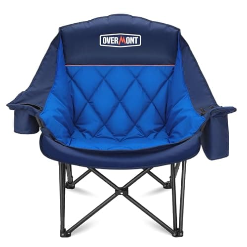 Overmont Oversized XL Camping Chair for Adults - 400lbs Support Heavy-Duty Padded Folding Chair with Side Pocket Cup Holder Cooling Bag for Outdoor Sports Garden Beach Fishing Lawn Blue