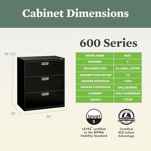 HON 3 Drawer Lateral File Cabinet with Lock, Metal Filing Cabinets for Offices, Adjustable Hangrails for A4, Legal, Letter Files, 18" Deep, Black 2