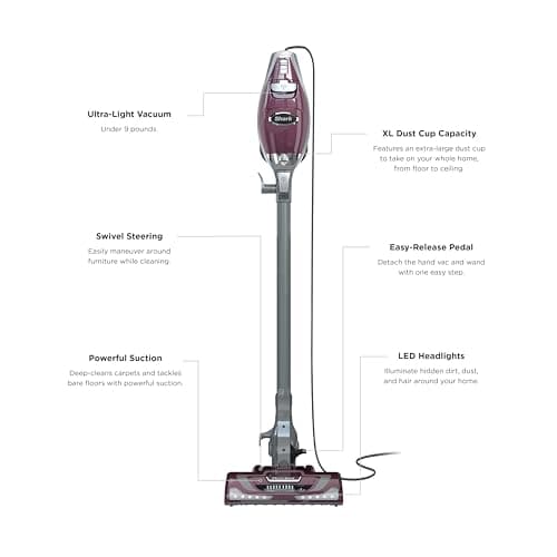 Shark HV322 Rocket Pet Plus Corded Stick Vacuum with LED Headlights, XL Dust Cup, Lightweight, Perfect for Pet Hair Pickup, Converts to a Hand Vacuum, with (2) Pet Attachments, Bordeaux/Silver 8
