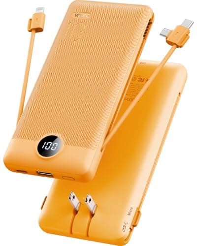 VRURC Portable Charger Built-in Cables and AC Wall Plug, USB C Power Bank 10000mAh, Travel Battery Phone Charger Compact Lightweight External Battery Pack for Smart Phones, Tablets etc-Orange