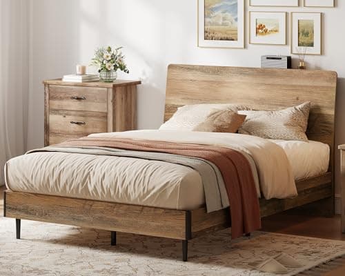 LINSY Full Size Bed Frame Wood with Ergonomic Headboard, Bed Frame Full with Storage Shelf, Noise-Free, No Box Spring Needed - Brown 7