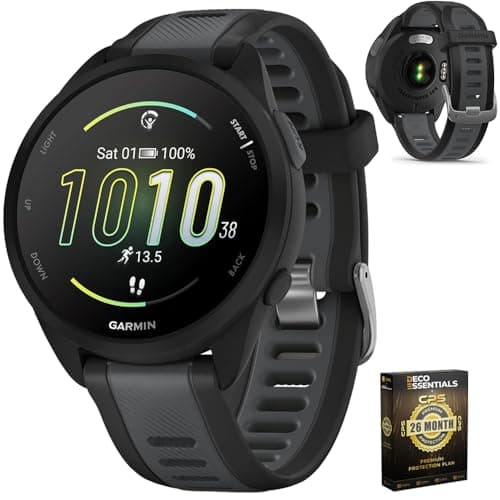 Garmin 010-02863-30 Forerunner 165 Music Smart Sport Watch, Black + Slate Gray | Official USA Partner Model | Bundle with Deco Essentials Exclusive 26 Month CPS Enhanced Protection Pack