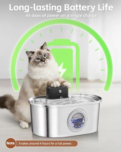 Cat Water Fountain Wireless - Stainless Steel 3.2L/108oz Cordless Pet Fountain - Battery Operated Automatic Water Dispenser for Cats Indoor, with Motion Sensor & Quiet Pump 8