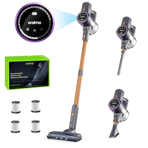 Oraimo Cordless Vacuum Cleaner, 45 Mins Max Runtime, Stick Vacuum 270W/ 24Kpa, LED Display with Battery Indicator, 3 Power Suction, Self-Standing, Anti-entangle Floor Brush