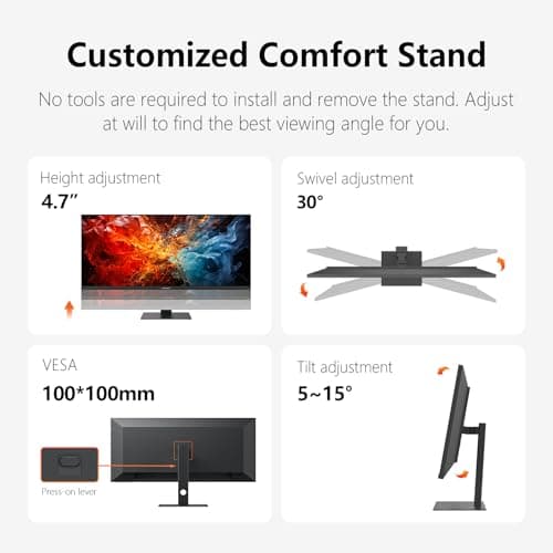 INNOCN 40 Inch 5K 5120 x 2160p Ultrawide Monitor for Laptop, 21:9, 100Hz, IPS, HDMI, DP, FreeSync, HDR400, USB-C, DeltaE＜2, Built-in Speakers, Height Adjustable, Black - 40C1U 6