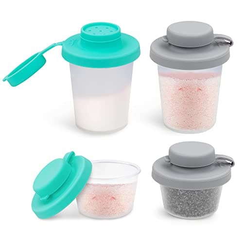 Sophico Small Salt and Pepper Shakers Set with Moisture Proof Sinlicone Lids, 4.5oz Mini Spice Shaker to go for Camping Travel Picnic Lunch Boxes (Mint & Grey, Small & Medium)