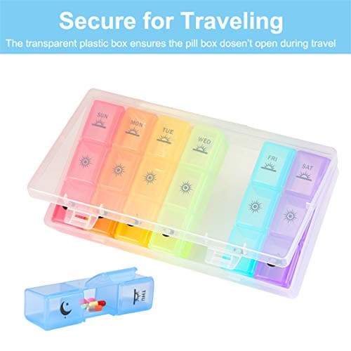 Weekly Pill Organizer,3-Times-A-Day 7 Day Pill Box Large Compartments Moisture-Proof Pill Case Medication Reminder Portable Travel Container for Vitamins Fish Oil Compartments Supplements 5
