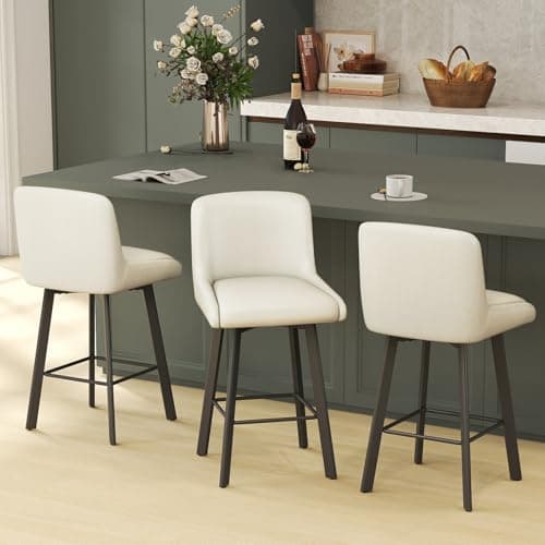 SAECKBERG Swivel Bar Stools, 26''H Upholstered Barstools with Backs, Modern Counter Height Bar Stool Chairs for Kitchen Island, Metal Legs (Beige- Faux Leather, Set of 3-26" H)