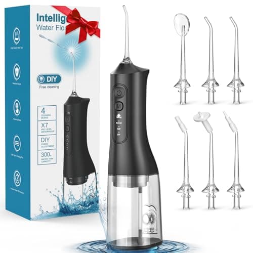 Water Flosser, Rechargeable 300ML IPX7 Waterproof Cordless Portable Oral Irrigator with 4 Modes & 6 Replaceable Jet Tips-Professional Flossing Cleaner for Daily Home Use,Travel,Gums,Braces Care(Black)