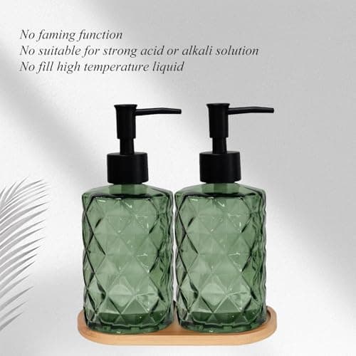 Glass Hand and Dish Soap Dispenser Set of 2 with Plastic Pumps, Bamboo Tray, 12oz Green Bathroom Soap Dispenser with Diamond for Hand Wash & Dish Wash, Ideal for Bathroom Kitchen Countertop 7