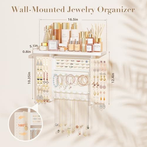 Emfogo Jewelry Organizer Hanging Wall Mounted Jewelry Holder, 5-in-1 Large Capacity Necklace Organizer Wall Hanging Jewelry Display for Ring, Necklaces, Bracelets, Earrings (White) 4