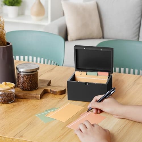 DRASTAR Index Card Holder 3x5, Wooden Index Card Organizer Box with 45 Index Card Dividers, Flashcard Notecard Holders for Home Office, Black 5