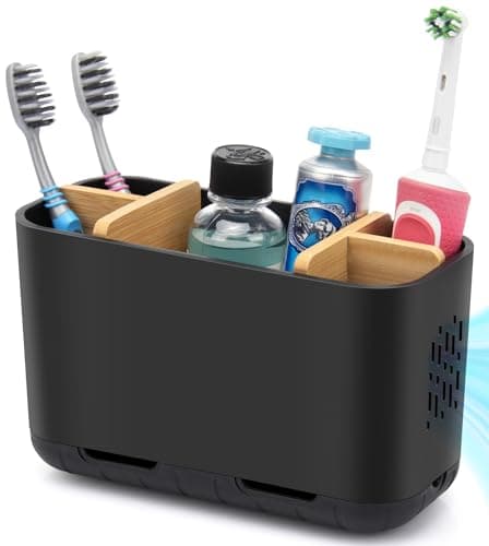 GFWARE Black Toothbrush Holder, Bamboo Toothbrush and Toothpaste Holder with Drainage, Electric Kids Matte Black Toothbrush Holders Set Organizer for Bathrooms Countertop Accessories Storage
