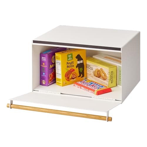 YAMAZAKI Home Modern Bread Box – Steel + Wood Countertop Bread Storage Container, Large White Bread Box for Kitchen Countertop, Space-Saving Bread Keeper, Easy Access Lid